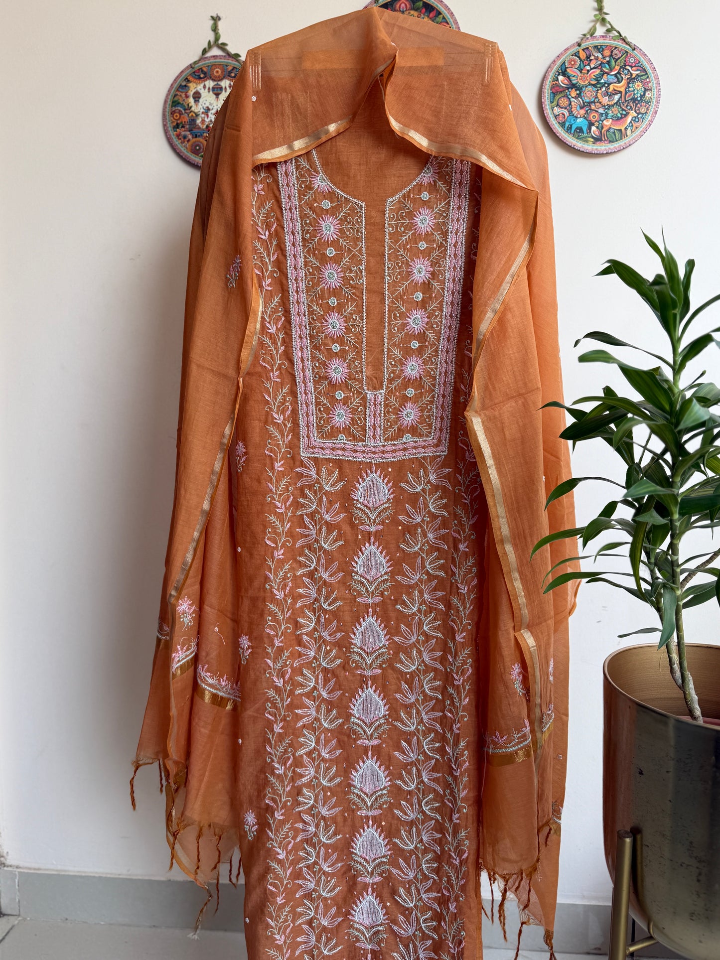 Lucknowi Chikankari Thread Work and full panel work in Mul Chanderi add on Pearl Work and Cut Dana (Colorfull Embroidery)