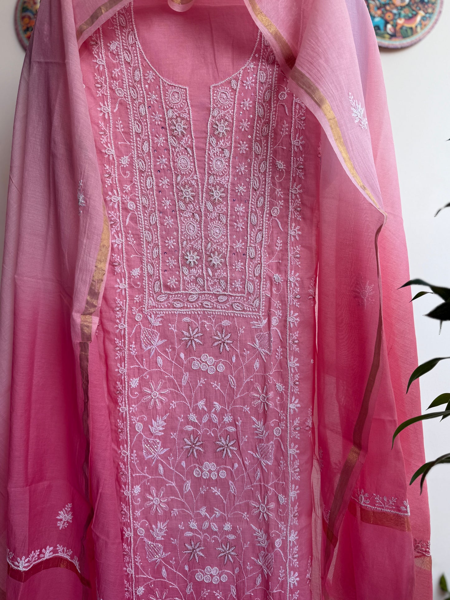 Lucknowi Chikankari Thread Work and full panel work in Mul Chanderi add on Pearl Work and Cut Dana