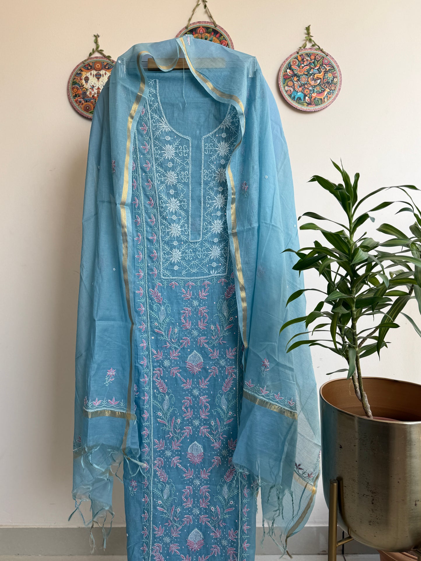 Lucknowi Chikankari Thread Work and full panel work in Mul Chanderi add on Pearl Work and Cut Dana (Colorfull Embroidery)