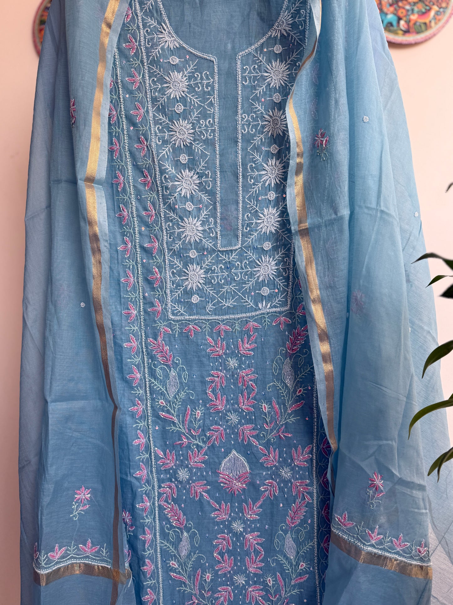 Lucknowi Chikankari Thread Work and full panel work in Mul Chanderi add on Pearl Work and Cut Dana (Colorfull Embroidery)