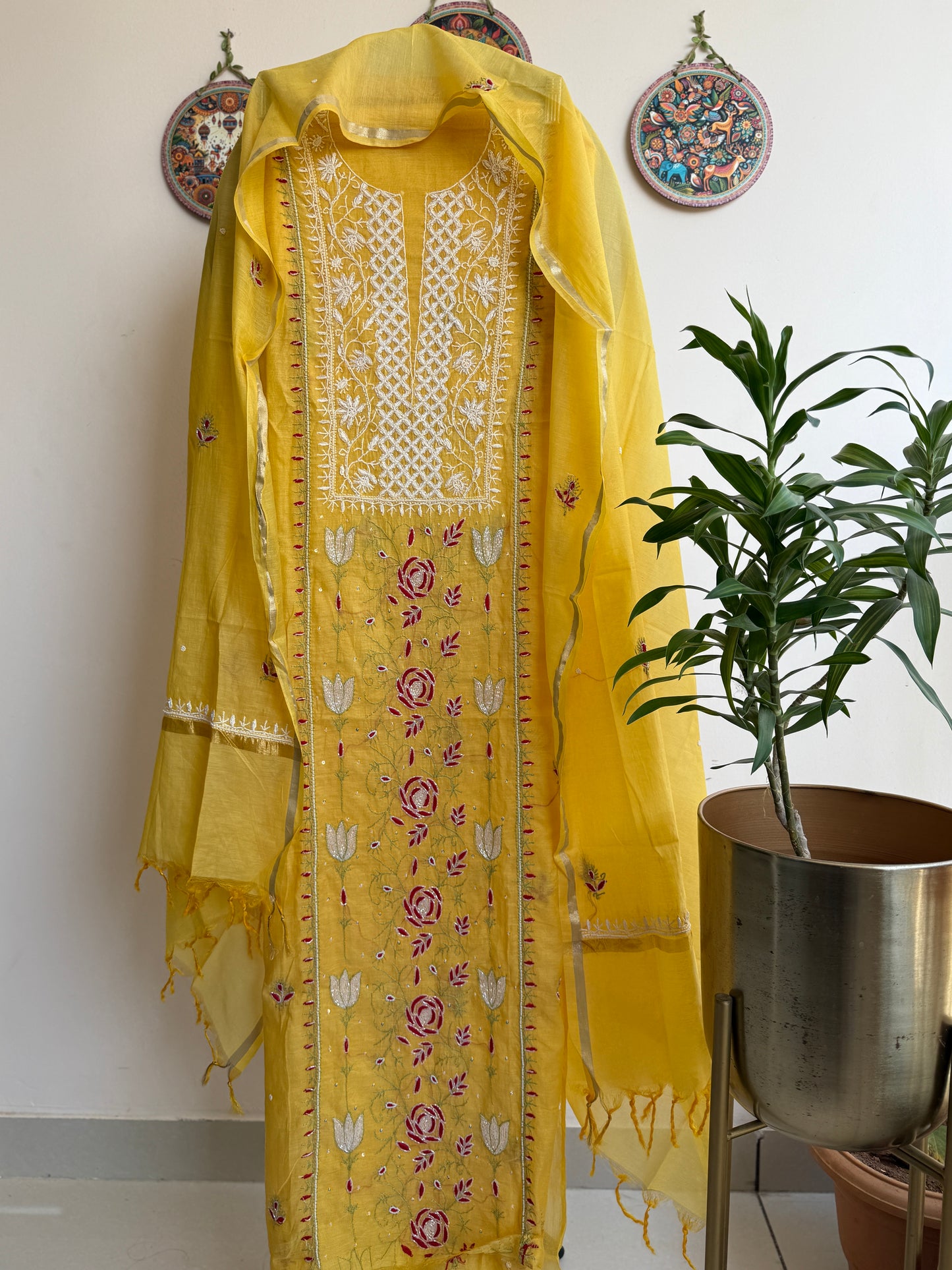 Lucknowi Chikankari Thread Work and full panel work in Mul Chanderi add on Pearl Work and Cut Dana (Colorfull Embroidery)