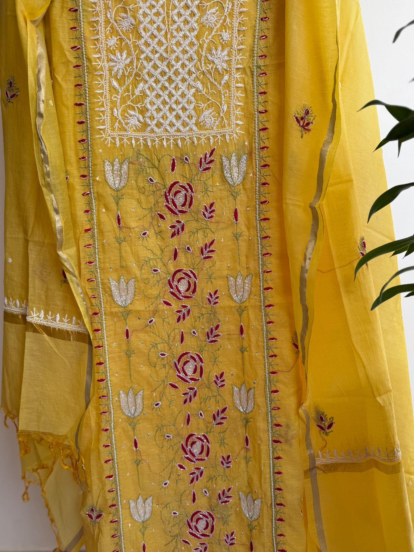 Lucknowi Chikankari Thread Work and full panel work in Mul Chanderi add on Pearl Work and Cut Dana (Colorfull Embroidery)