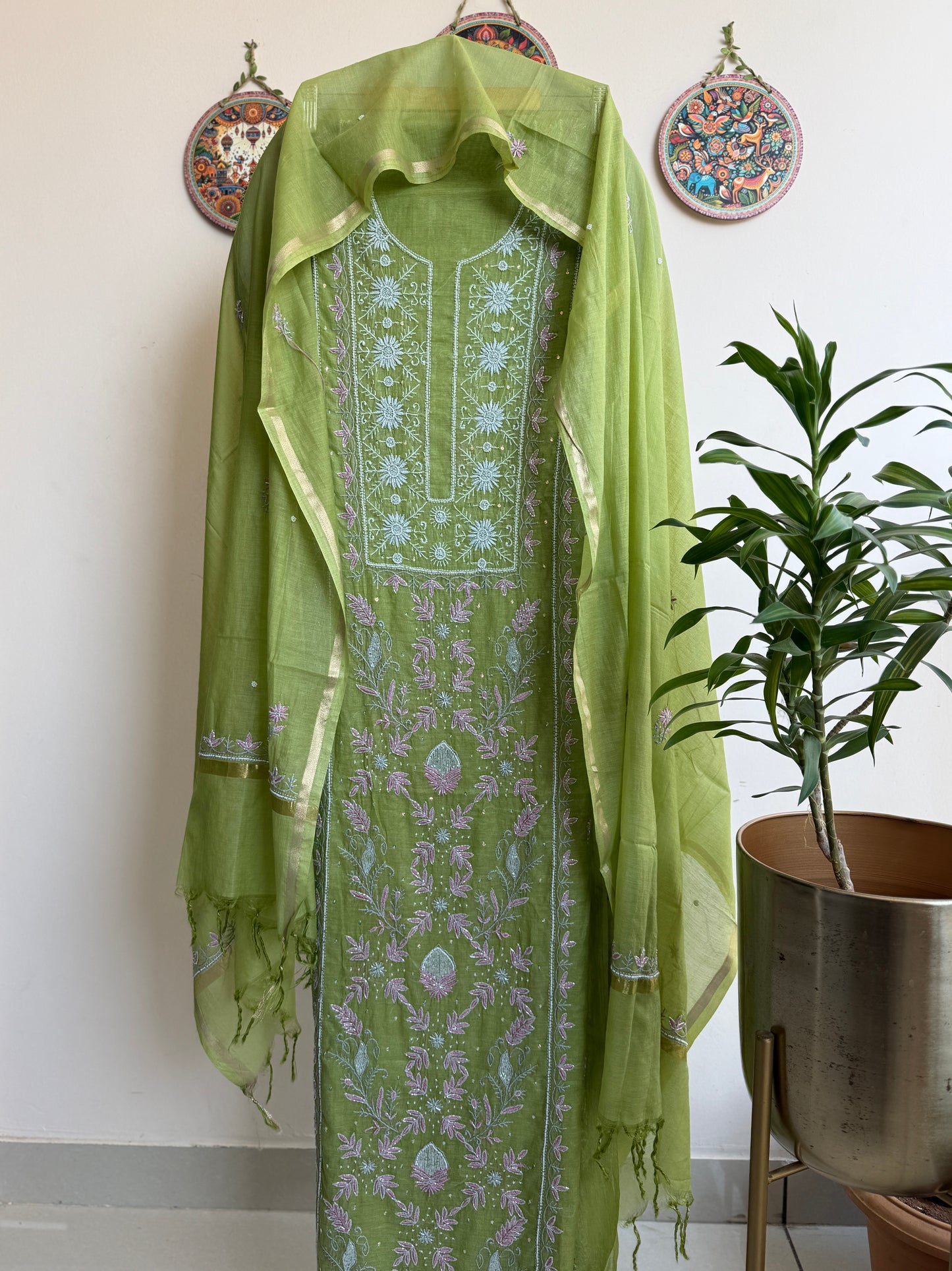 Lucknowi Chikankari Thread Work and full panel work in Mul Chanderi add on Pearl Work and Cut Dana (Colorfull Embroidery)