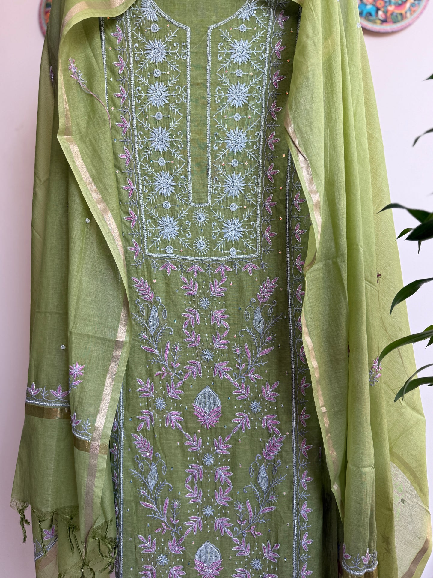 Lucknowi Chikankari Thread Work and full panel work in Mul Chanderi add on Pearl Work and Cut Dana (Colorfull Embroidery)