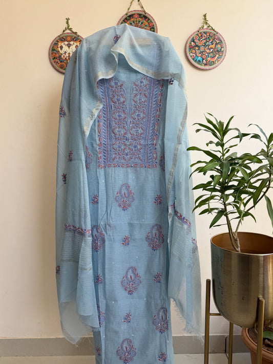 Lucknowi Chikankari Thread Work and Boota work in Mul Chanderi add on Pearl Work, Sequin and Cut Dana