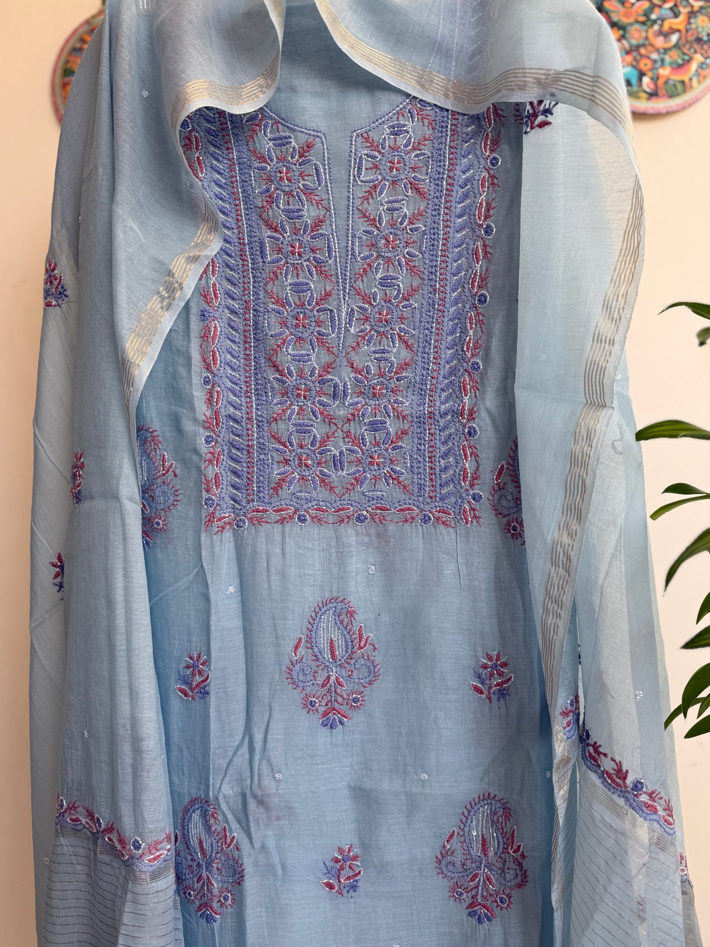 Lucknowi Chikankari Thread Work and Boota work in Mul Chanderi add on Pearl Work, Sequin and Cut Dana (Colorfull Embroidery)