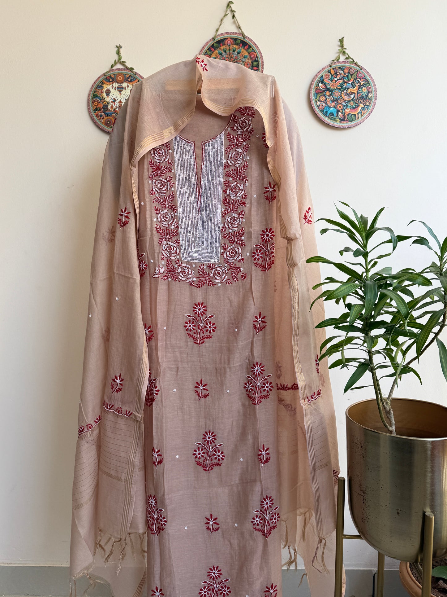 Lucknowi Chikankari Thread Work and Boota work in Mul Chanderi add on Pearl Work, Sequin and Cut Dana (Colorfull Embroidery)