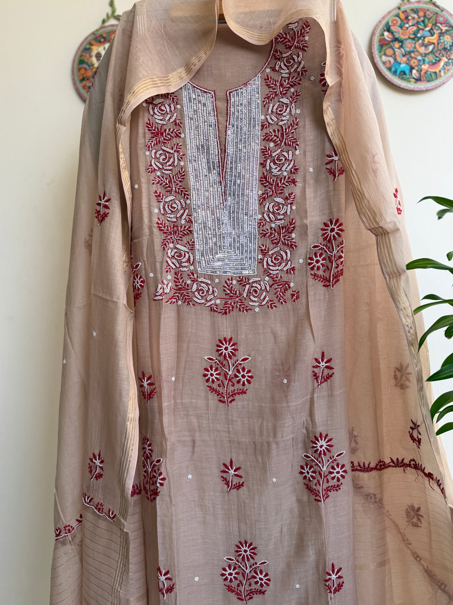 Lucknowi Chikankari Thread Work and Boota work in Mul Chanderi add on Pearl Work, Sequin and Cut Dana (Colorfull Embroidery)