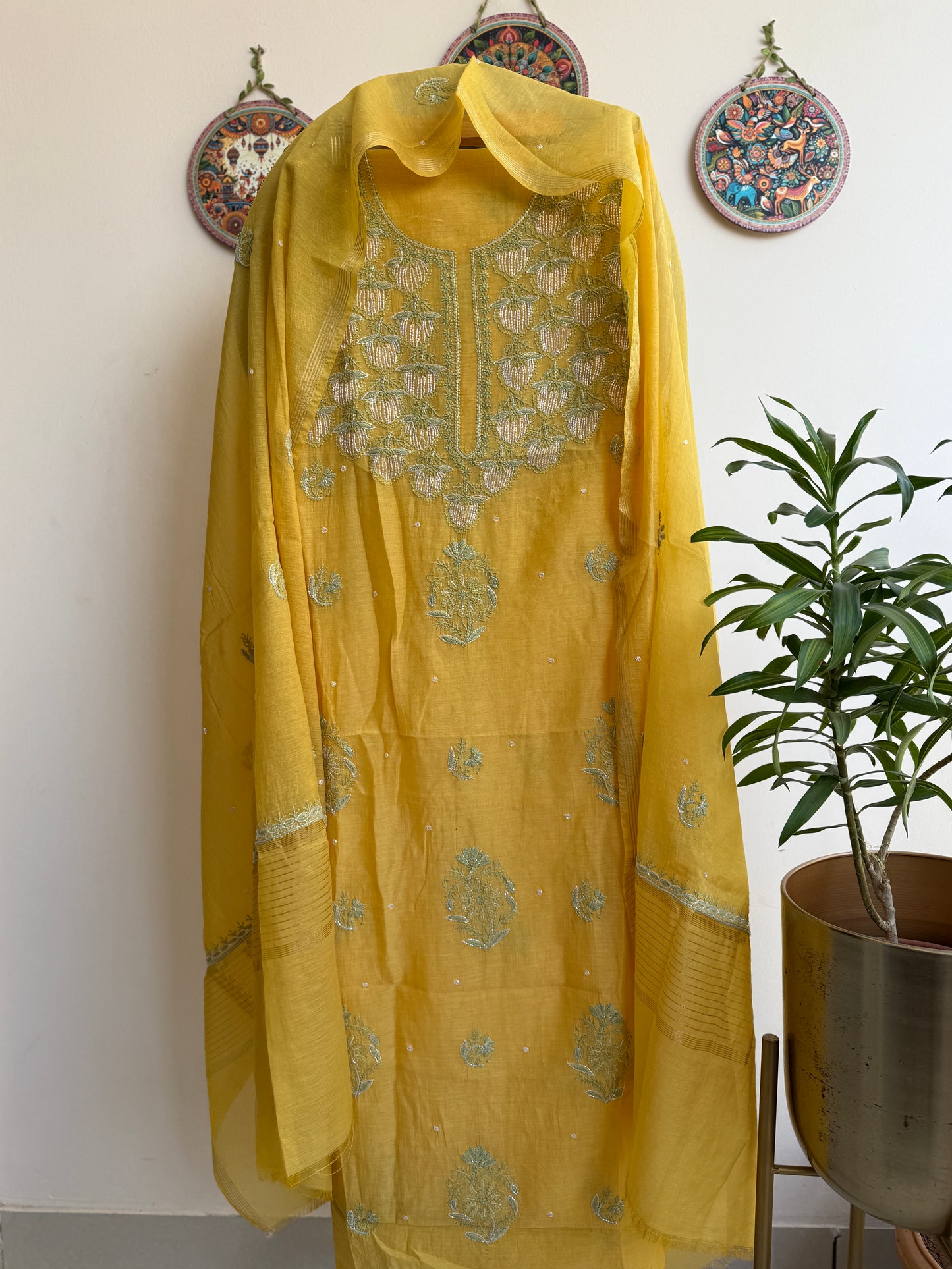 Lucknowi Chikankari Thread Work and Boota work in Mul Chanderi add on Pearl Work, Sequin and Cut Dana (Colorfull Embroidery)