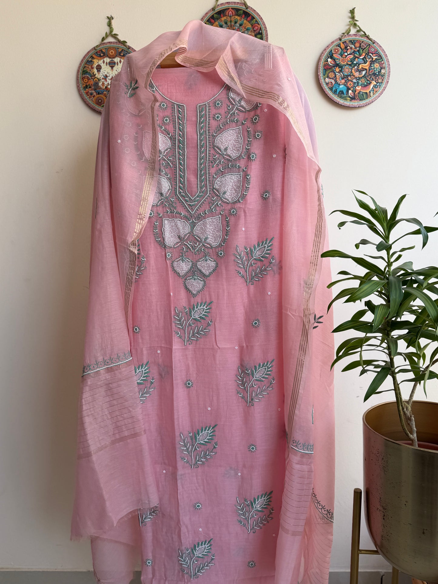 Lucknowi Chikankari Thread Work and Boota work in Mul Chanderi add on Pearl Work, Sequin and Cut Dana (Colorfull Embroidery)