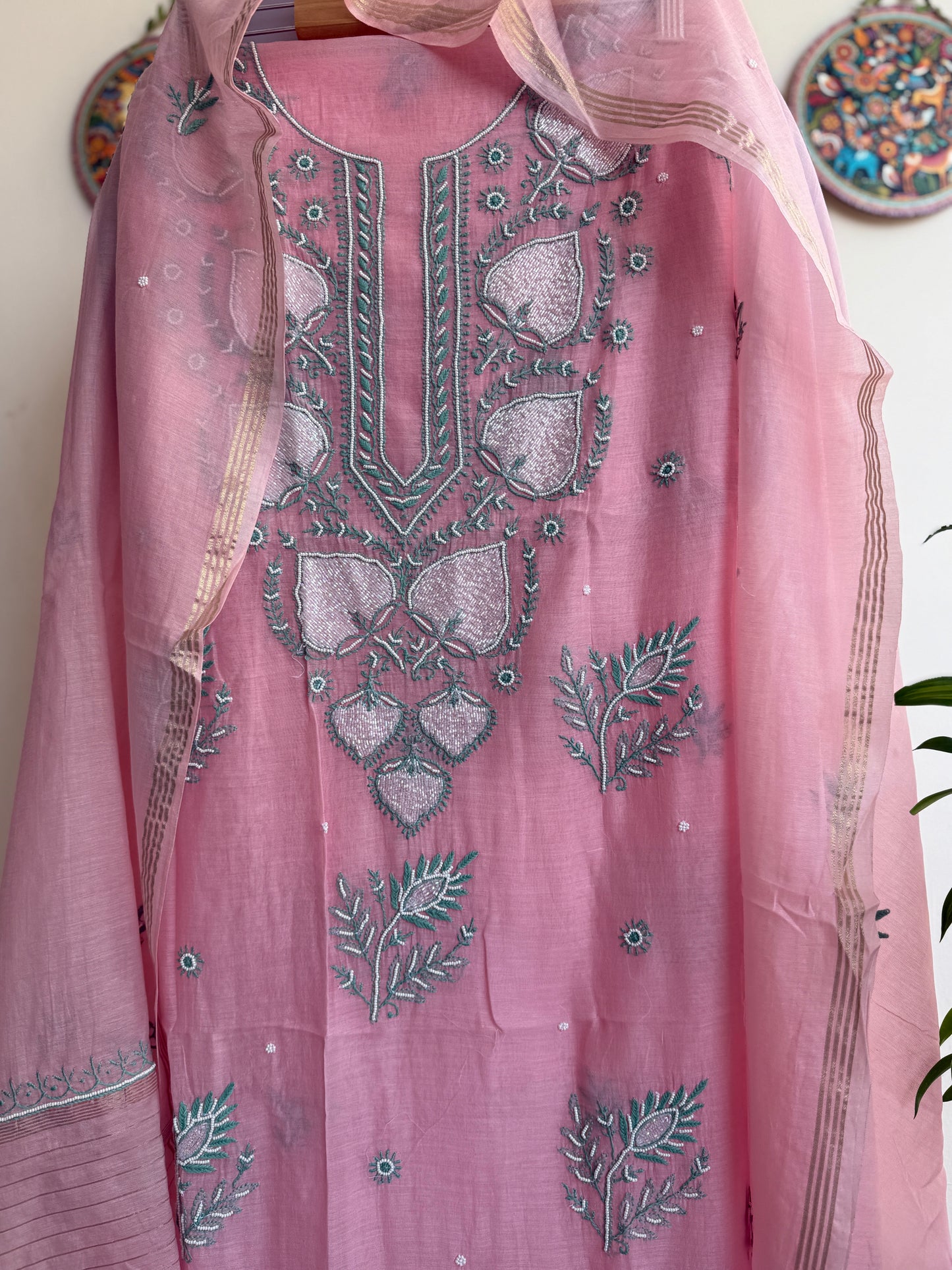 Lucknowi Chikankari Thread Work and Boota work in Mul Chanderi add on Pearl Work, Sequin and Cut Dana (Colorfull Embroidery)