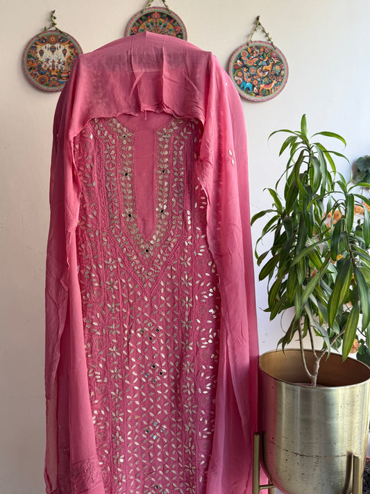 Pure Viscose Georgette Lucknowi Chikankari Suit with Gotta Patti, Mirror &amp; Pearl Work