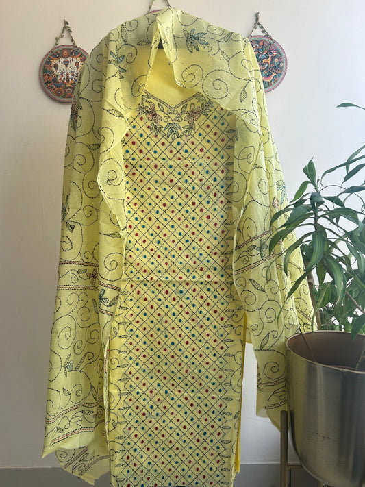 Bengal Handloom- Kanth Stich Geometrical Shape Pure Cotton Embroided Suit Set