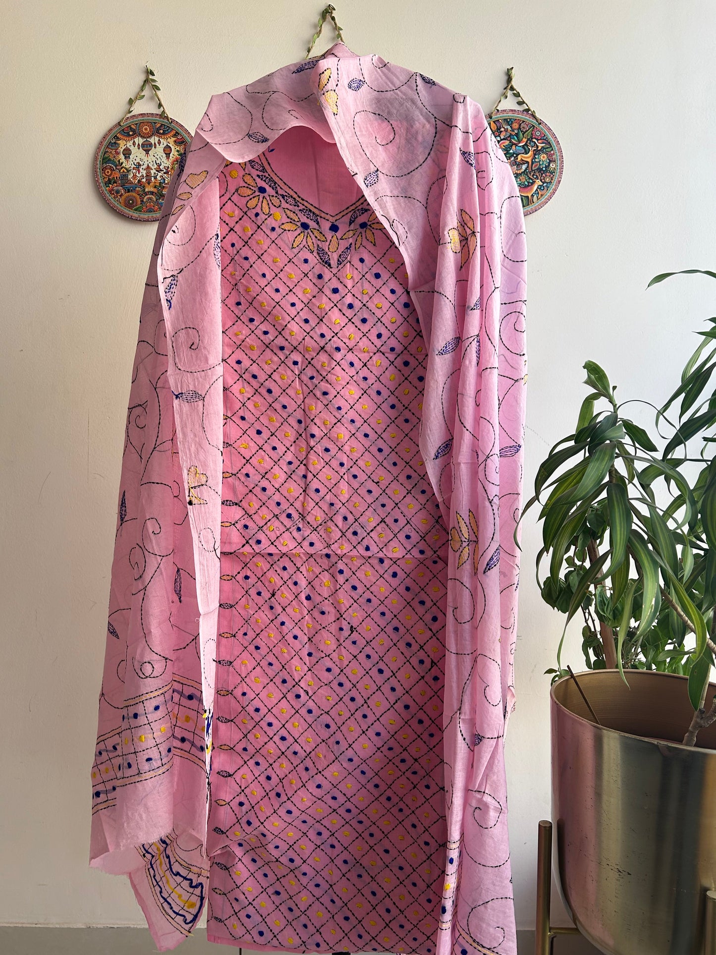 Bengal Handloom- Kanth Stich Geometrical Shape Pure Cotton Embroided Suit Set
