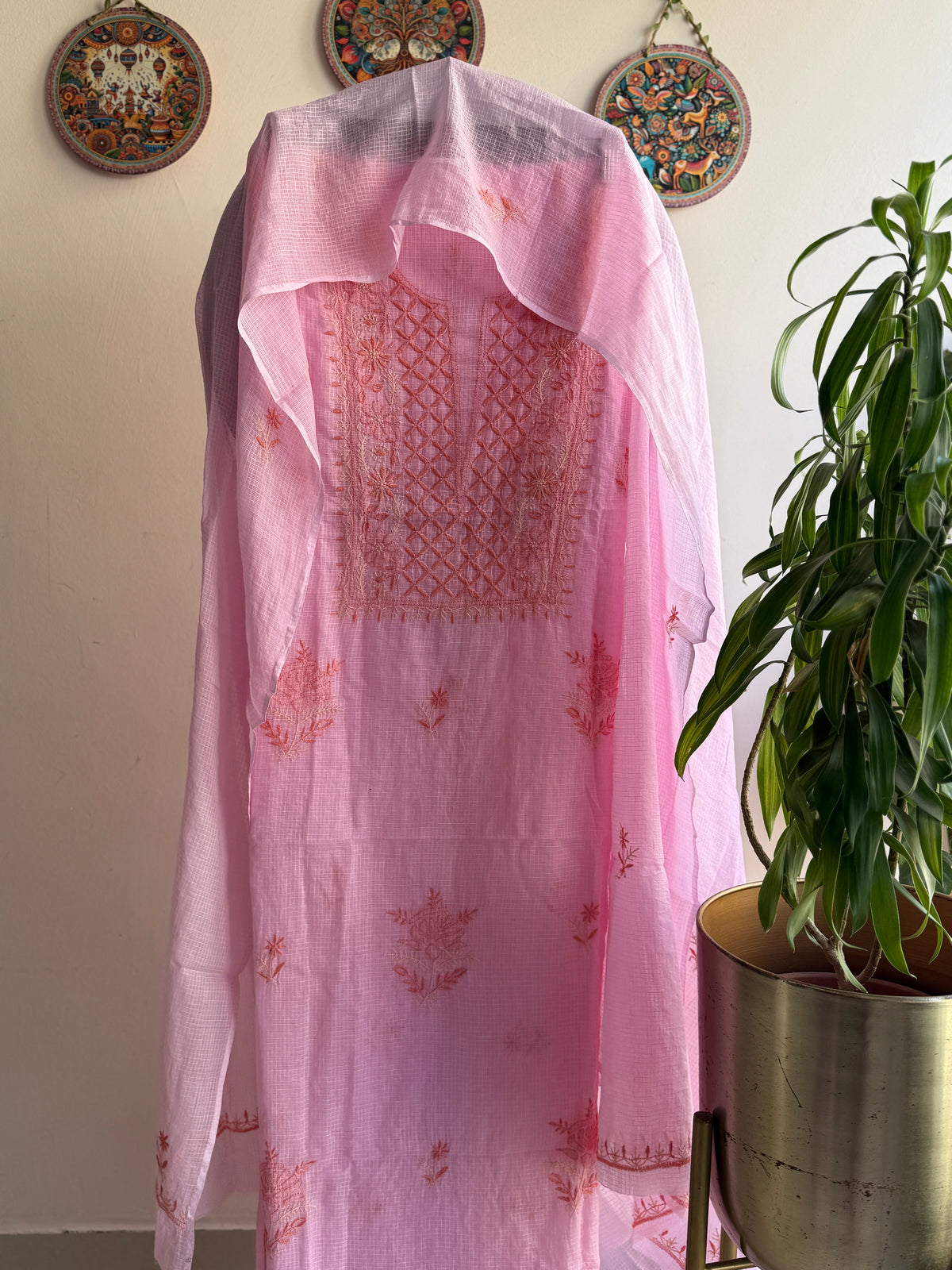 Lucknowi Chikankari Kota Doria Suit Set With Color full thread