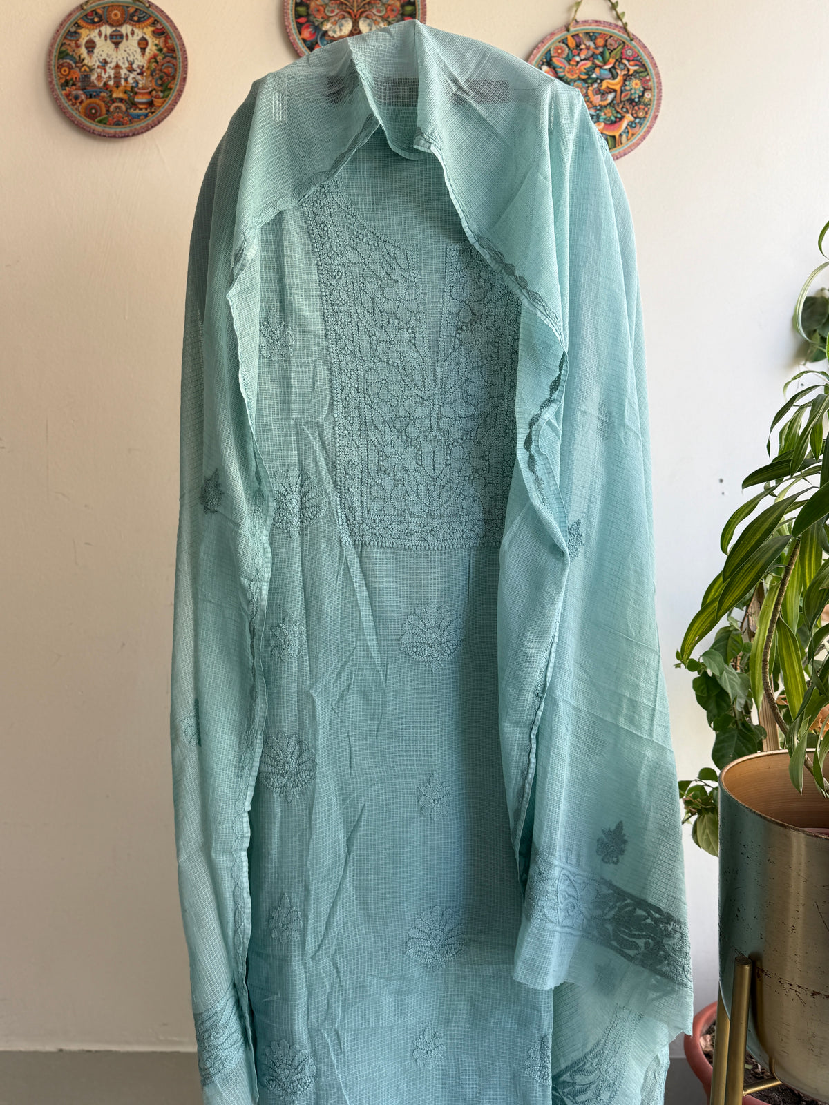 Lucknowi Chikankari Kota Doria Suit Set- Shadow Work