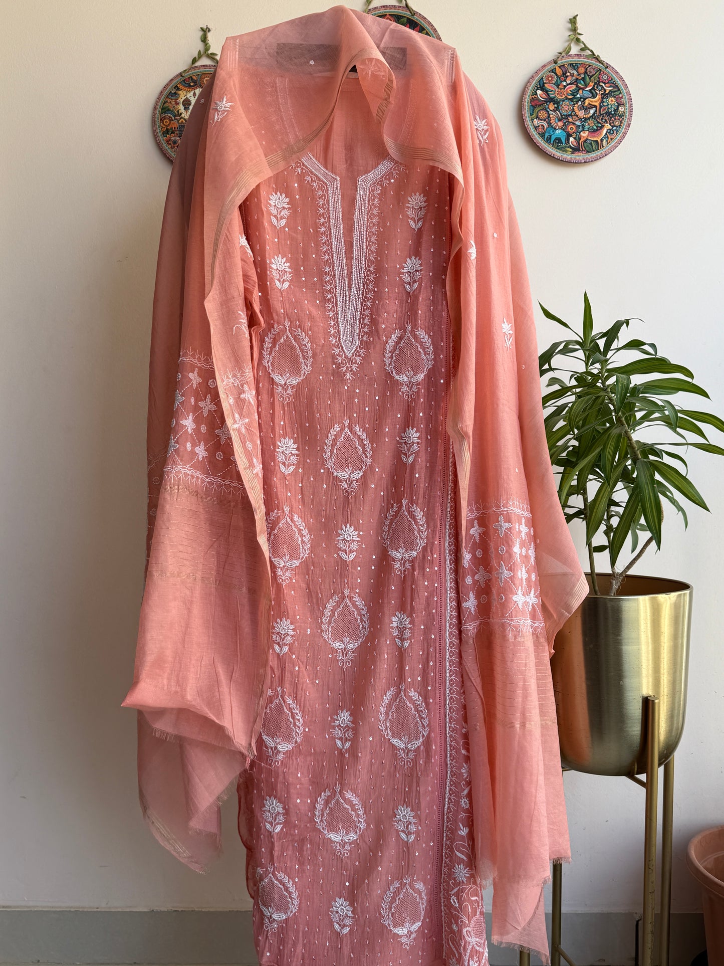 Buy Lucknowi Chikankari Suit Set with Thread Work and full panel work in Mul Chanderi add on Beads i.e. Pearl Work and Cut Dana