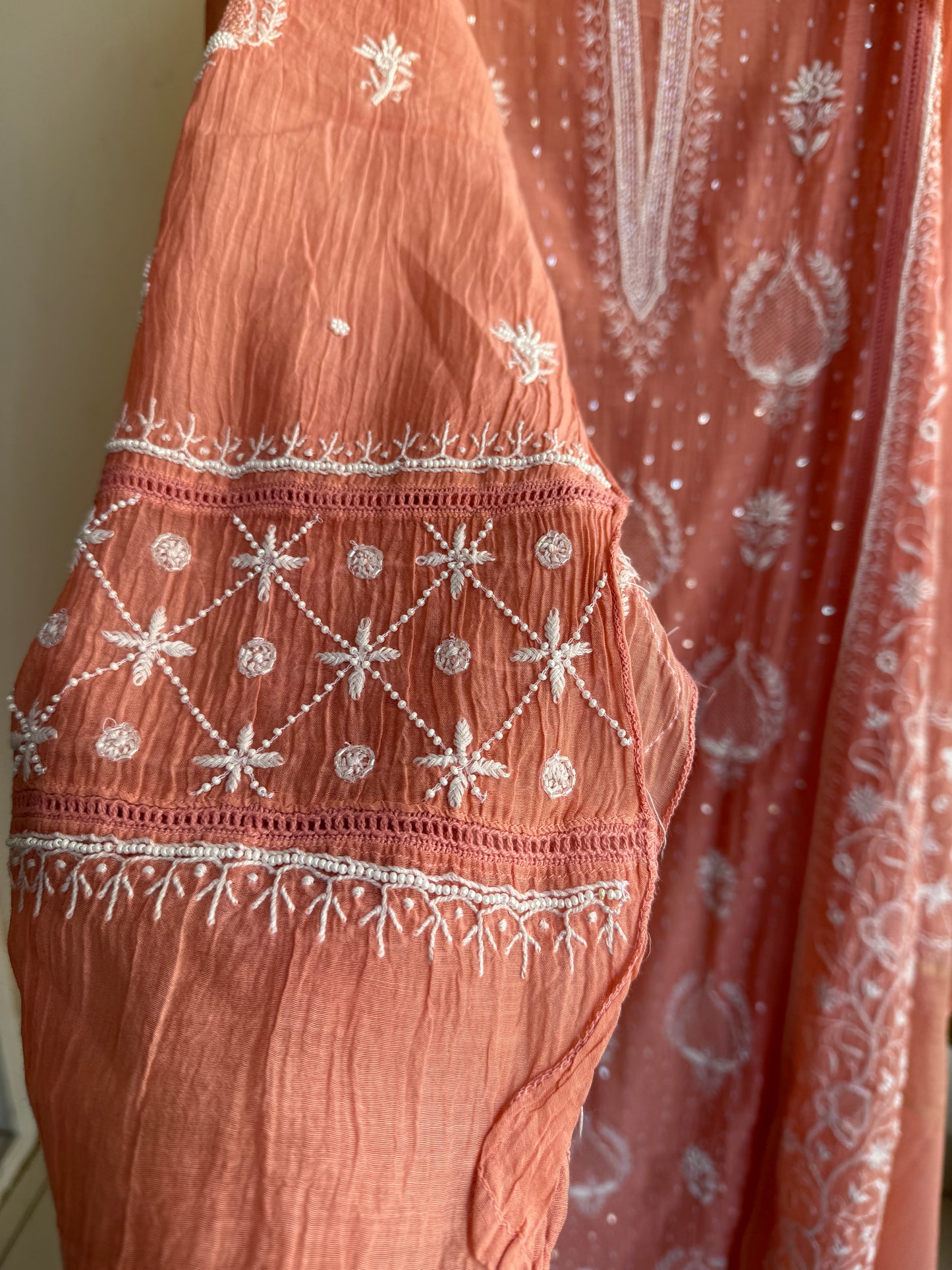 Buy Lucknowi Chikankari Suit Set with Thread Work and full panel work in Mul Chanderi add on Beads i.e. Pearl Work and Cut Dana