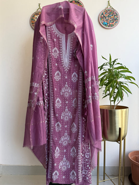 Buy Lucknowi Chikankari Suit Set with Thread Work and full panel work in Mul Chanderi add on Beads i.e. Pearl Work and Cut Dana