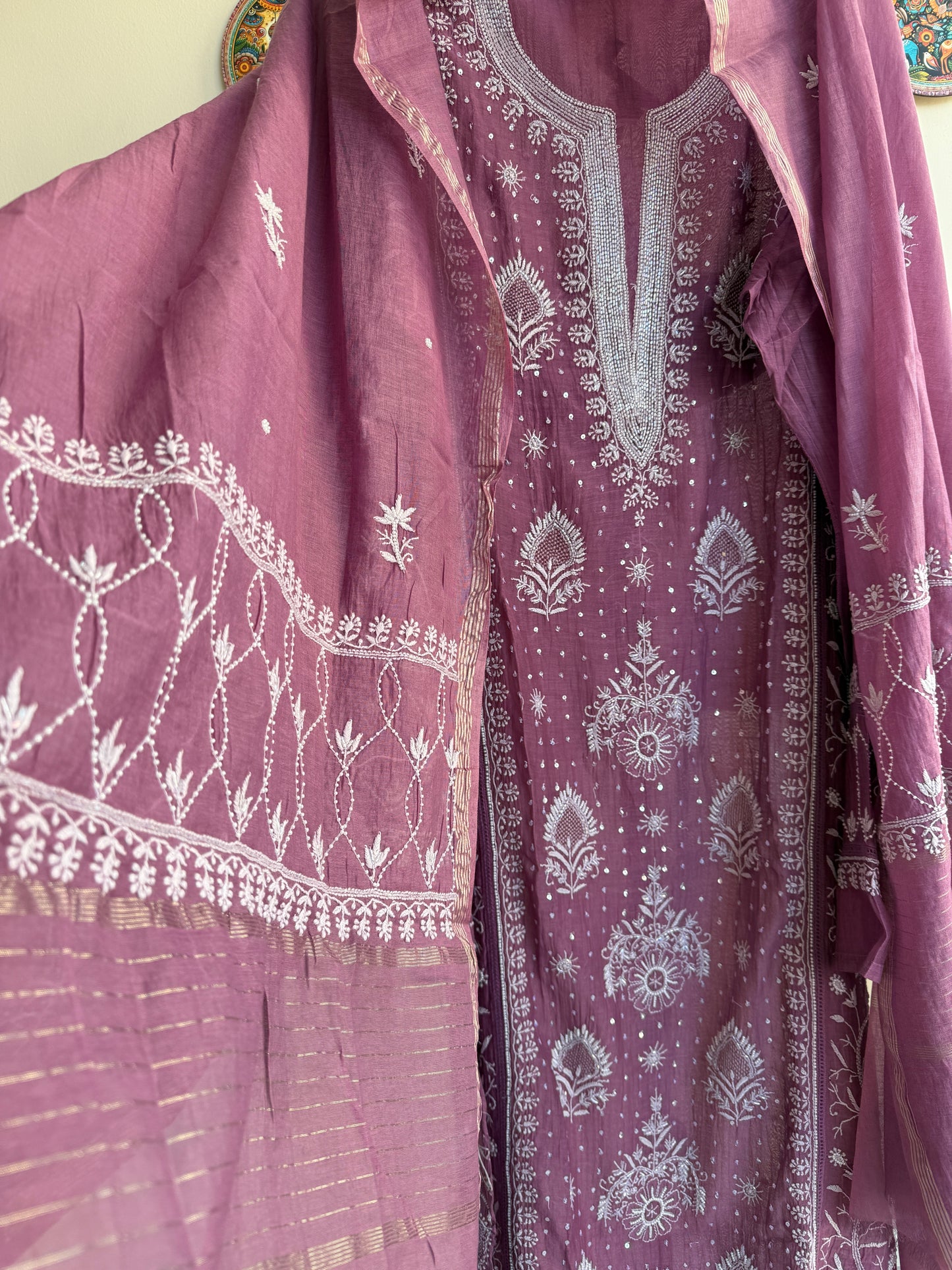 Buy Lucknowi Chikankari Suit Set with Thread Work and full panel work in Mul Chanderi add on Beads i.e. Pearl Work and Cut Dana