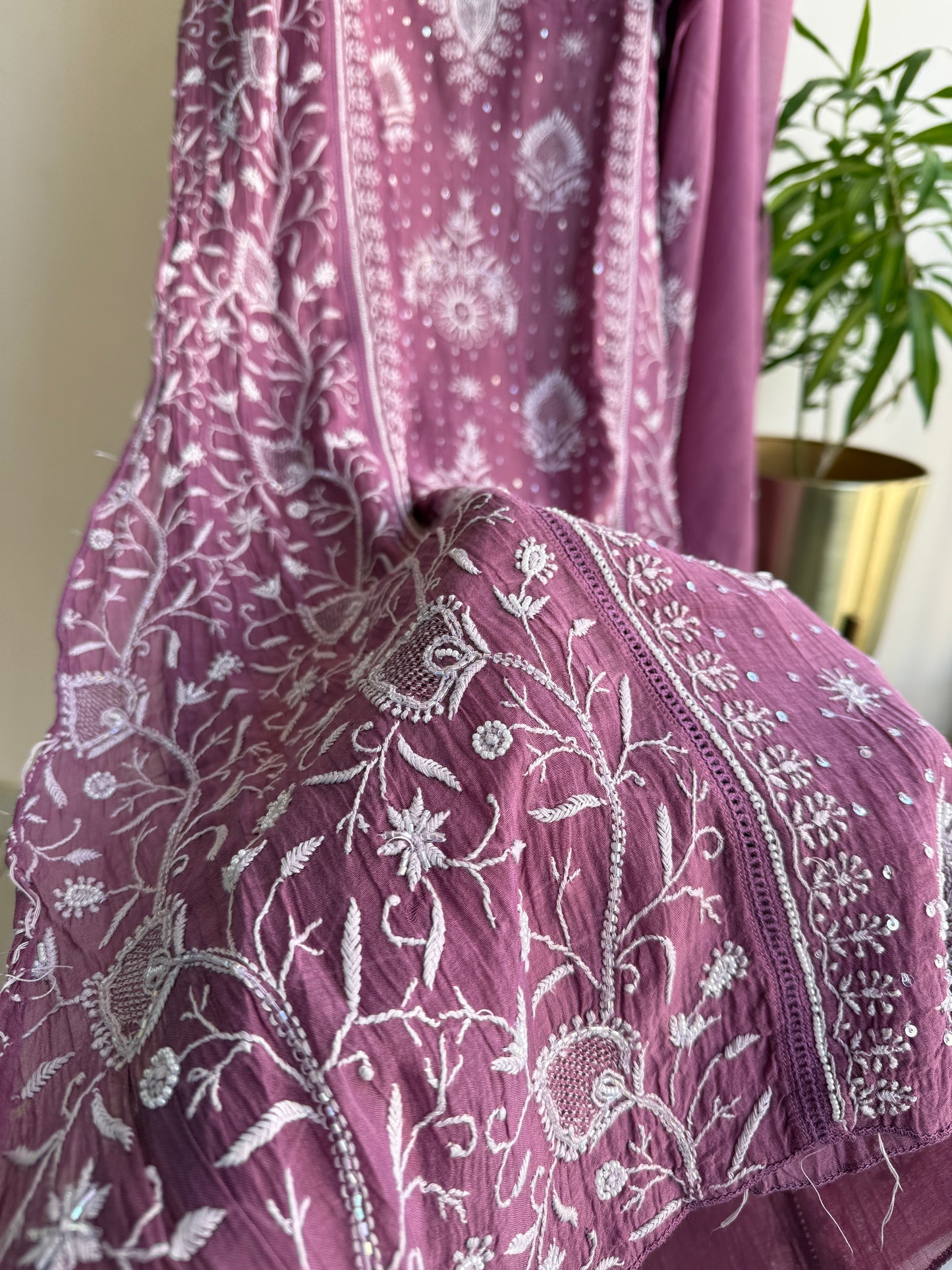 Buy Lucknowi Chikankari Suit Set with Thread Work and full panel work in Mul Chanderi add on Beads i.e. Pearl Work and Cut Dana