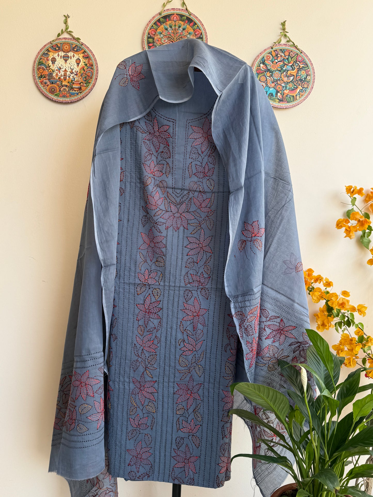 Bengal Handloom- Kantha Stiched Pure Cotton Embroidered Suit Set