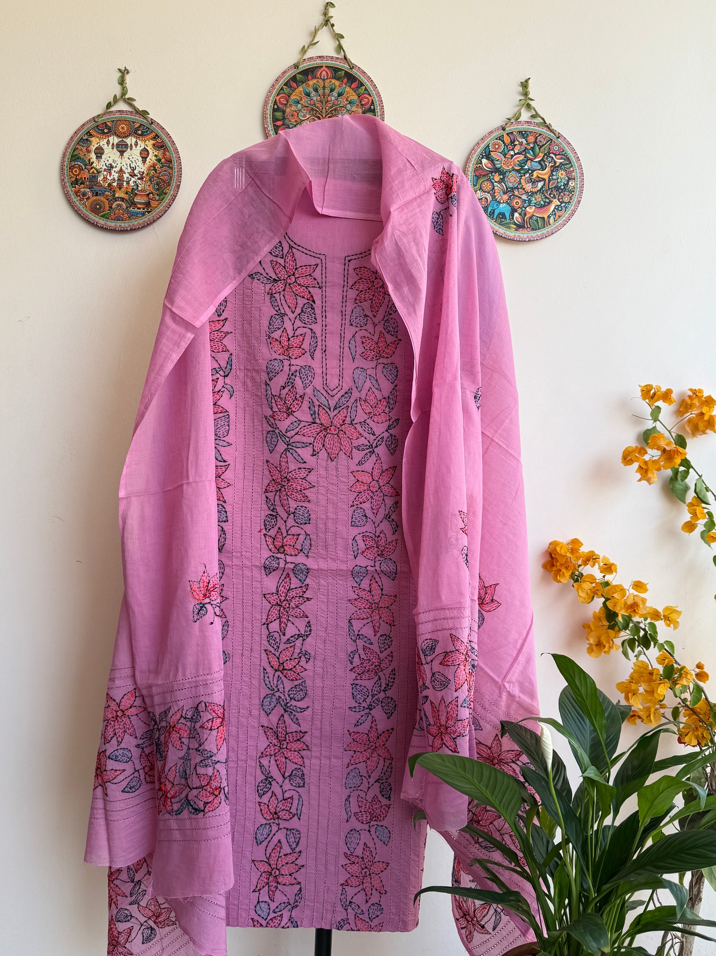 Bengal Handloom- Kantha Stiched Pure Cotton Embroidered Suit Set