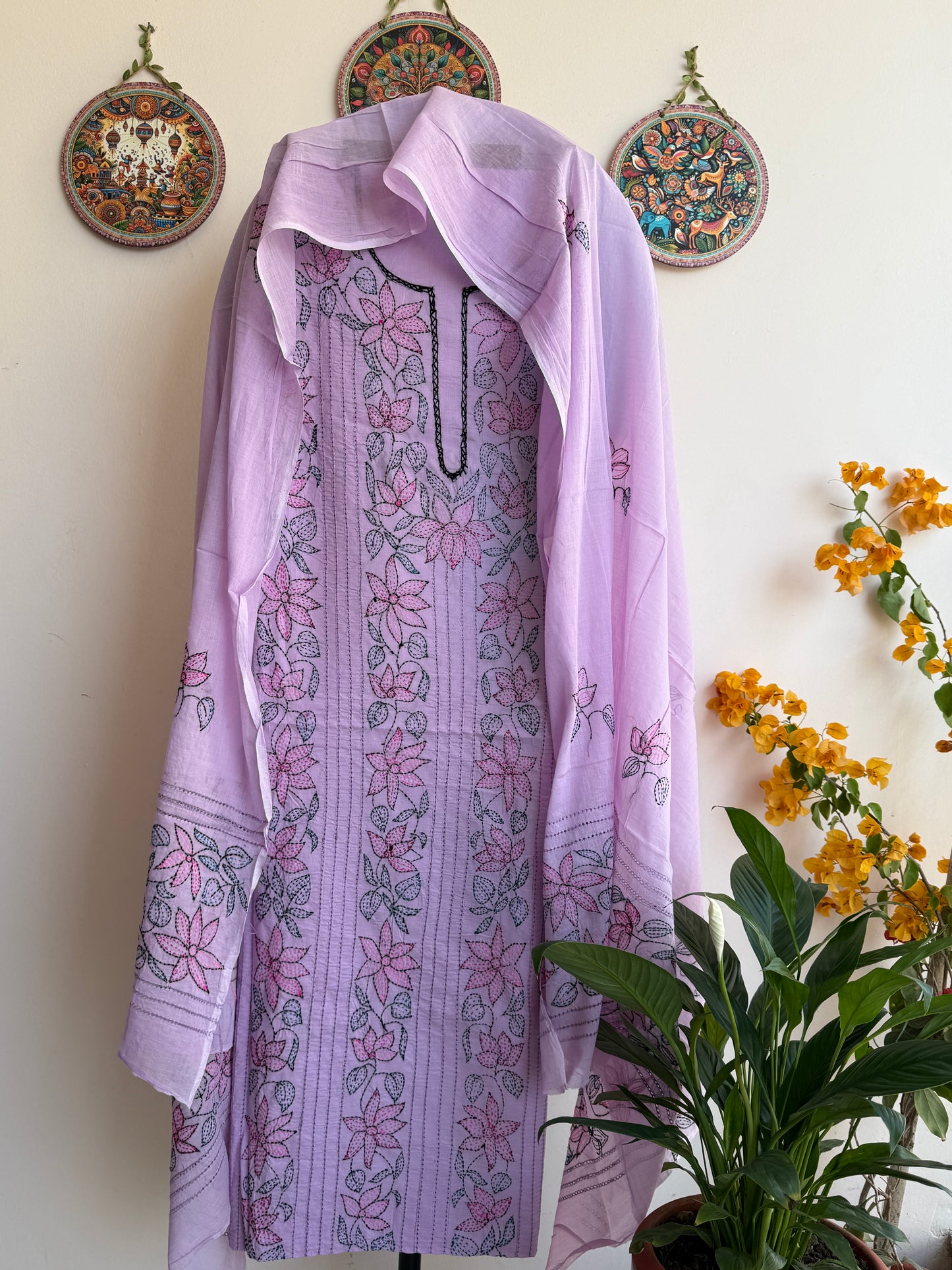 Bengal Handloom- Kantha Stiched Pure Cotton Embroidered Suit Set