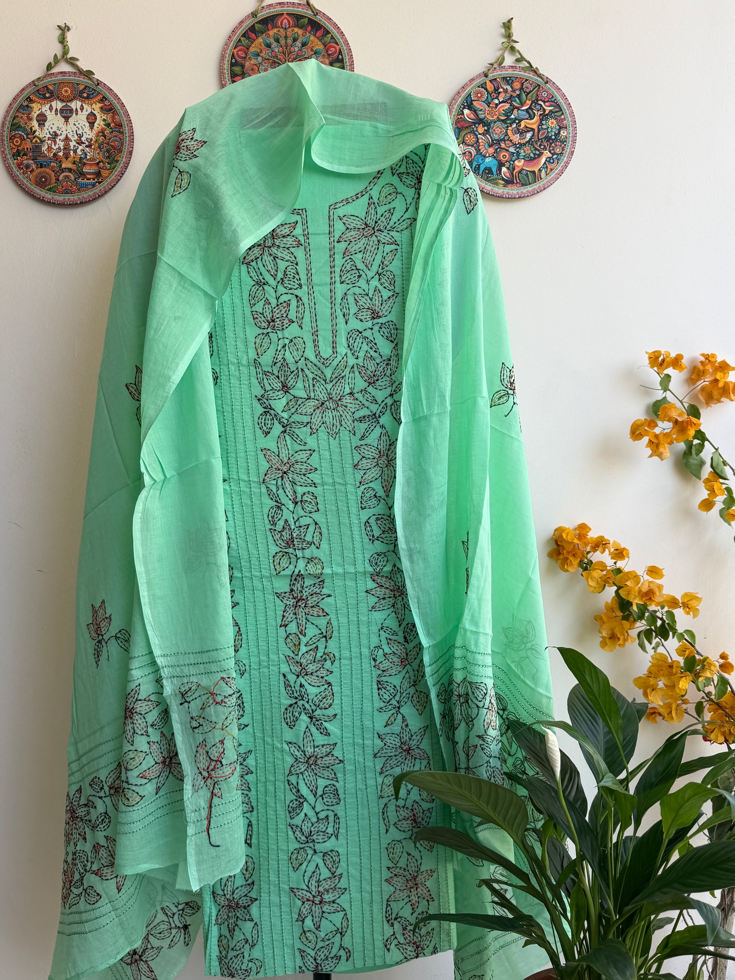 Bengal Handloom- Kantha Stiched Pure Cotton Embroidered Suit Set