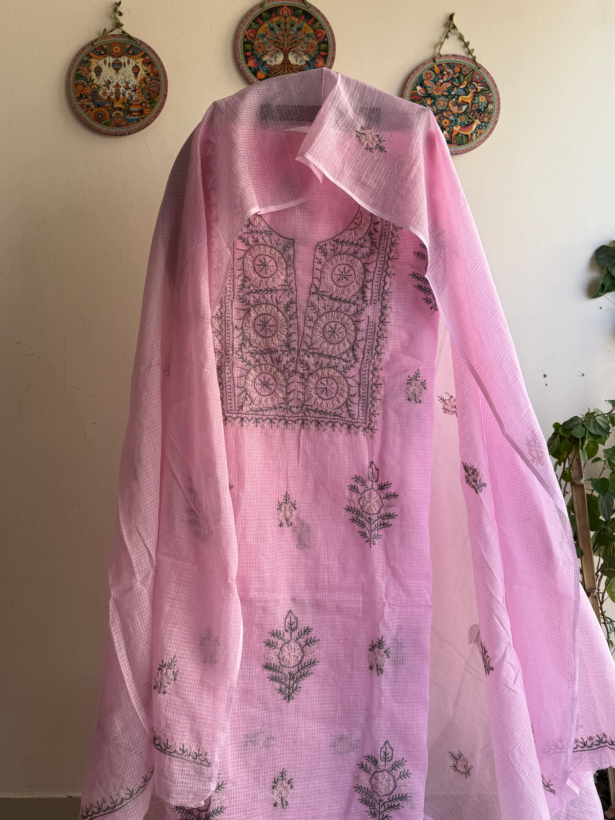 Lucknowi Chikankari Kota Doria Suit Set With Color full thread