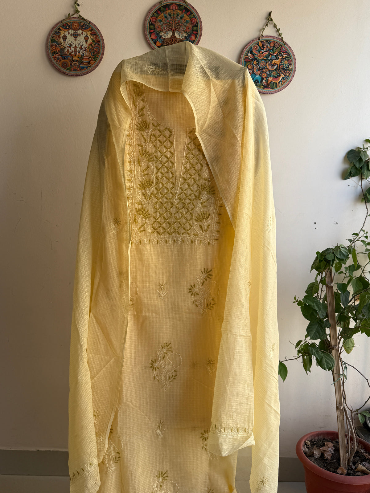 Lucknowi Chikankari Kota Doria Suit Set With Color full thread