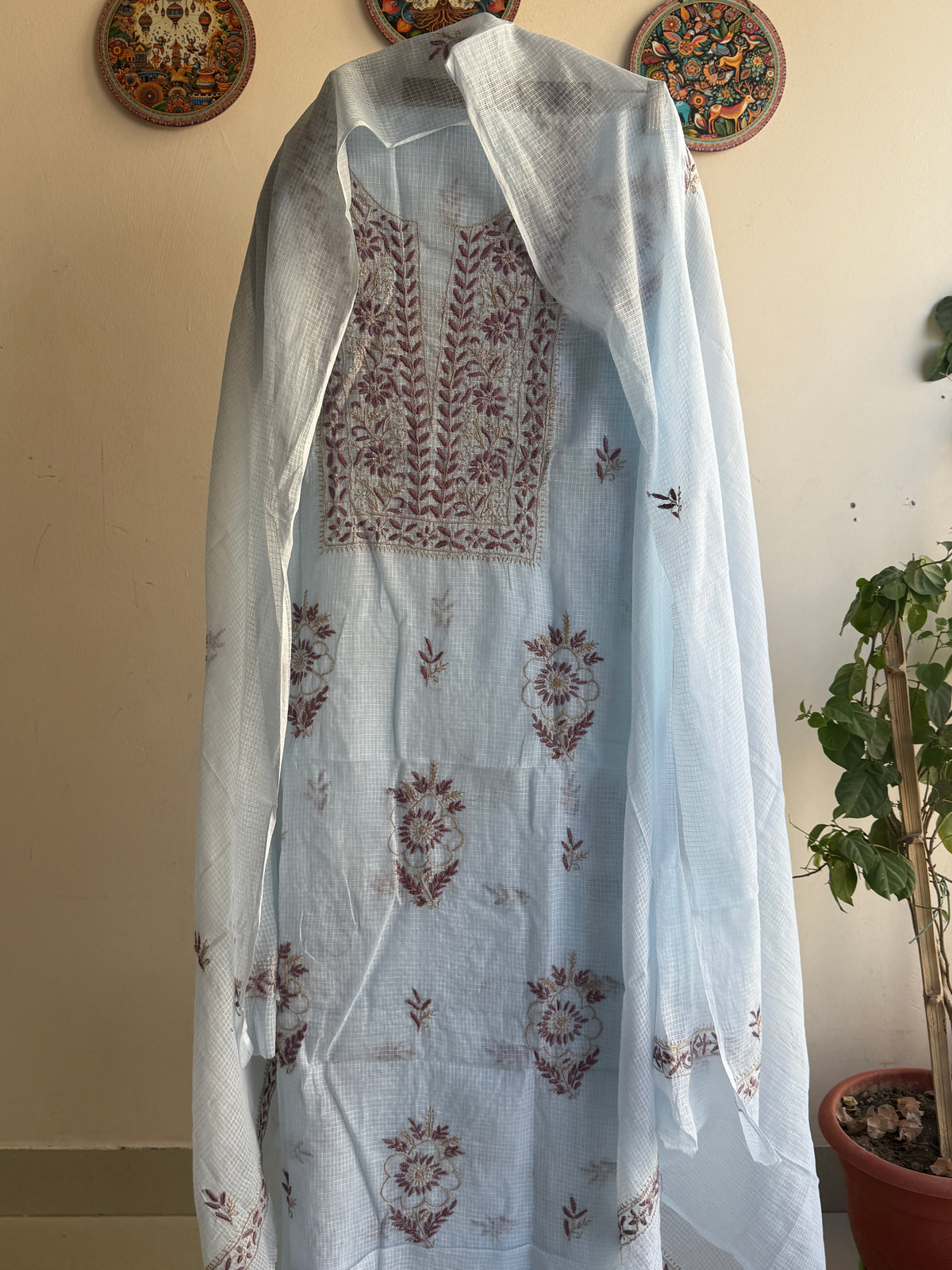 Lucknowi Chikankari Kota Doria Suit Set With Color full thread