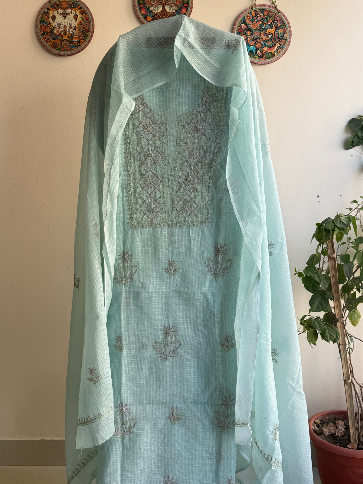 Lucknowi Chikankari Kota Doria Suit Set With Color full thread