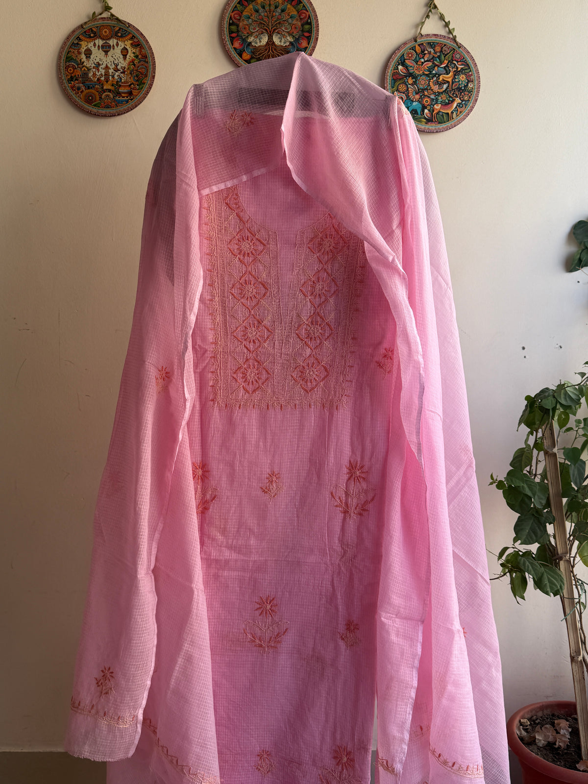 Lucknowi Chikankari Kota Doria Suit Set With Color full thread
