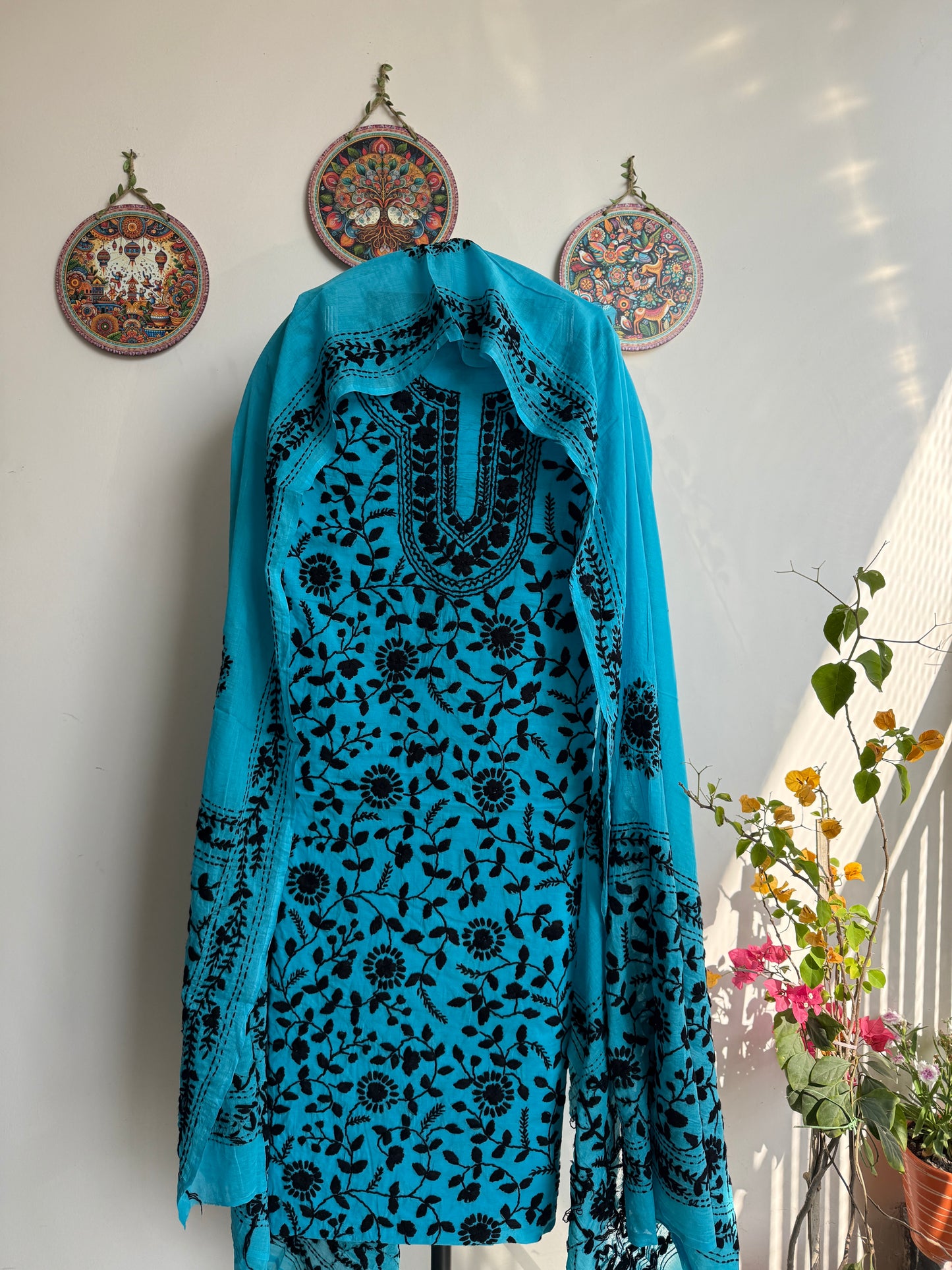 🌼 Bengal Handloom – Phulkari Pure Cotton Embroidered Suit Set-Coloured Base