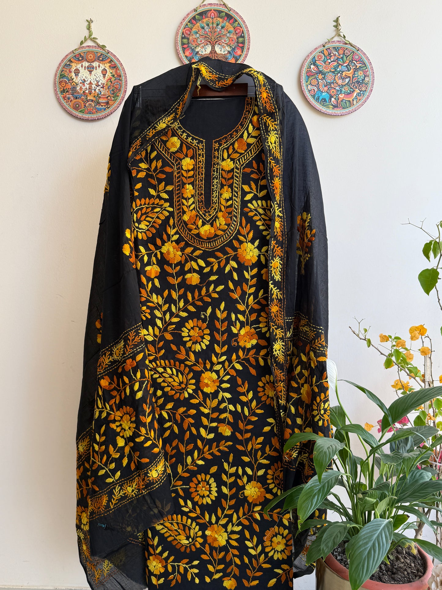 🌼 Bengal Handloom – Phulkari Pure Cotton Embroidered Suit Set-Coloured Base