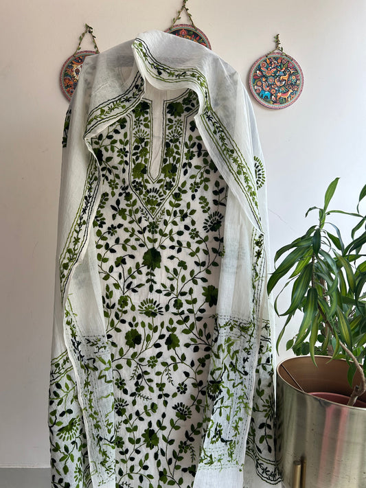 🌼 Bengal Handloom – Phulkari Pure Cotton Embroidered Suit Set-White Base