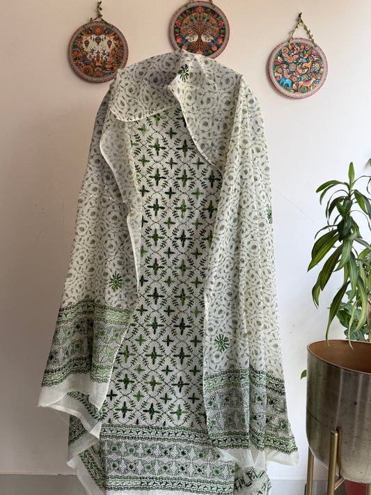 Bengal Handloom Hand Block Printed & Embroidered Pure Cotton Suit Set
