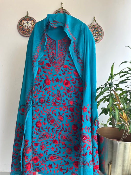 🌼 Bengal Handloom – Phulkari Pure Cotton Embroidered Suit Set-Coloured Base