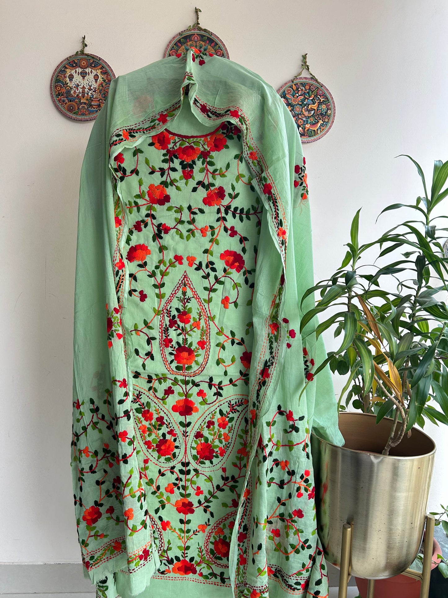 🌼 Bengal Handloom – Phulkari Pure Cotton Embroidered Suit Set-Coloured Base
