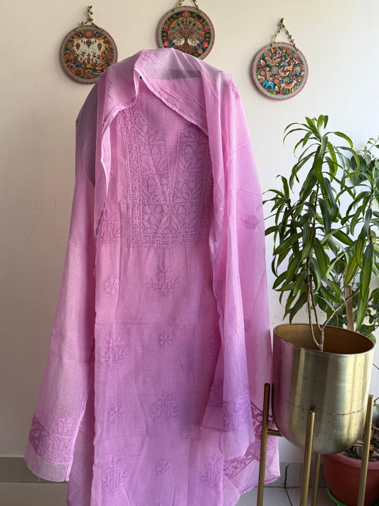 Lucknowi Chikankari Kota Doria Suit Set- Shadow Work
