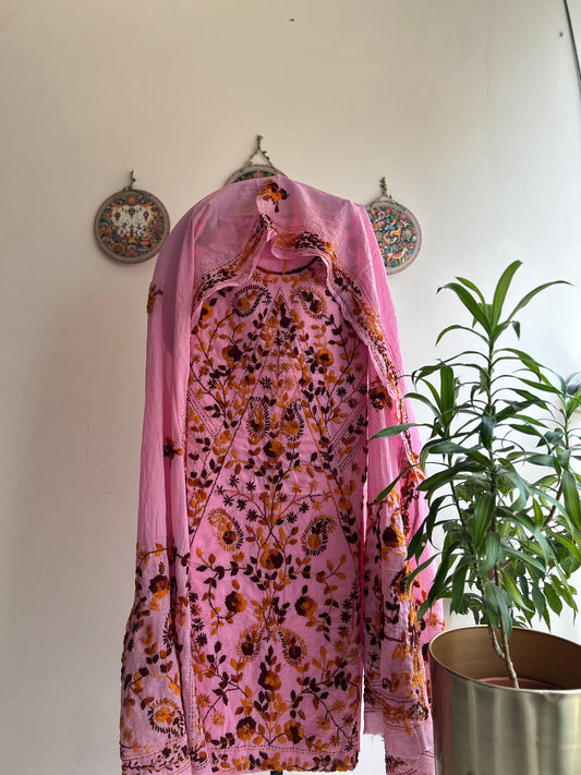 🌼 Bengal Handloom – Phulkari Pure Cotton Embroidered Suit Set-Coloured Base