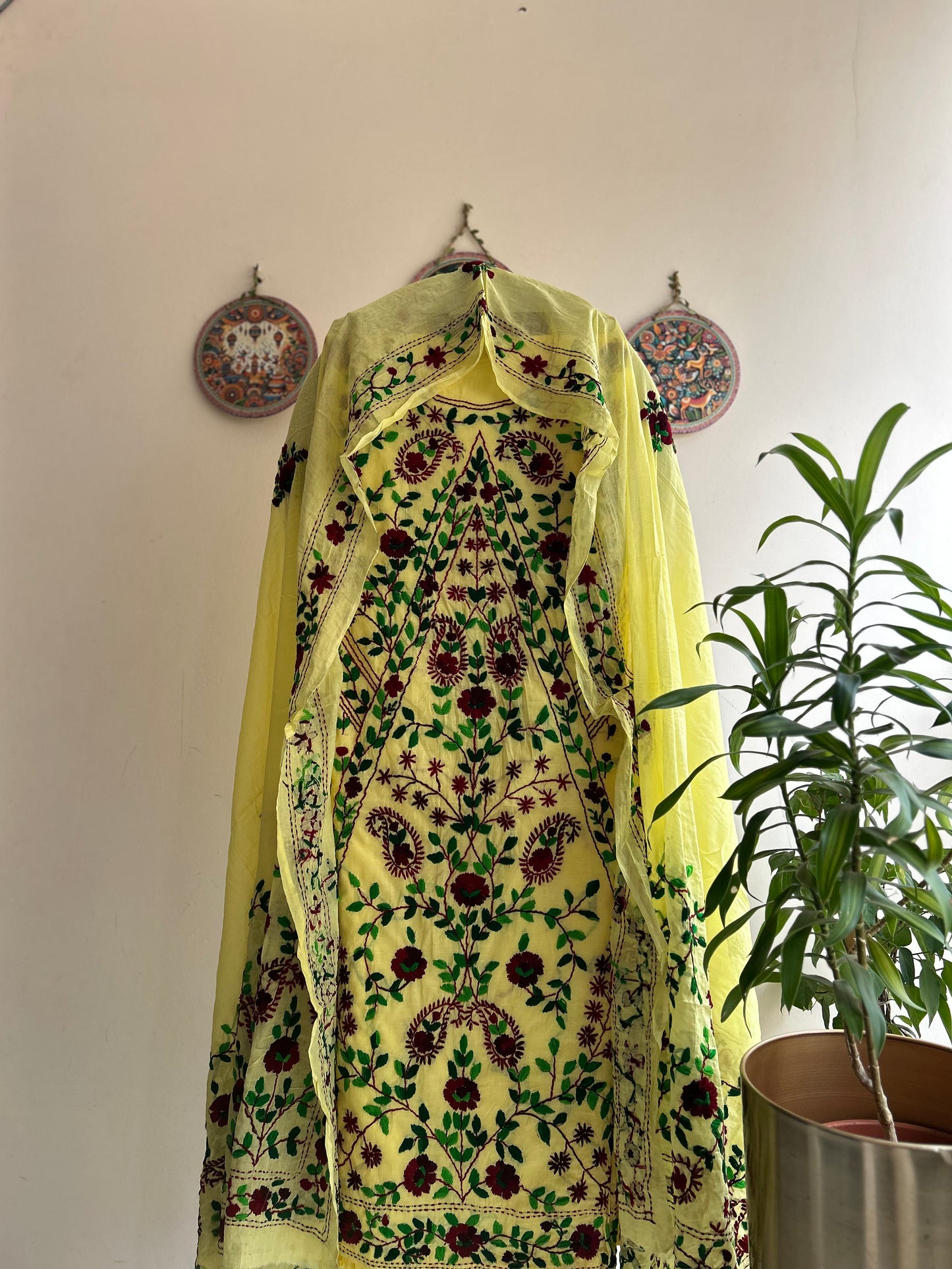 🌼 Bengal Handloom – Phulkari Pure Cotton Embroidered Suit Set-Coloured Base