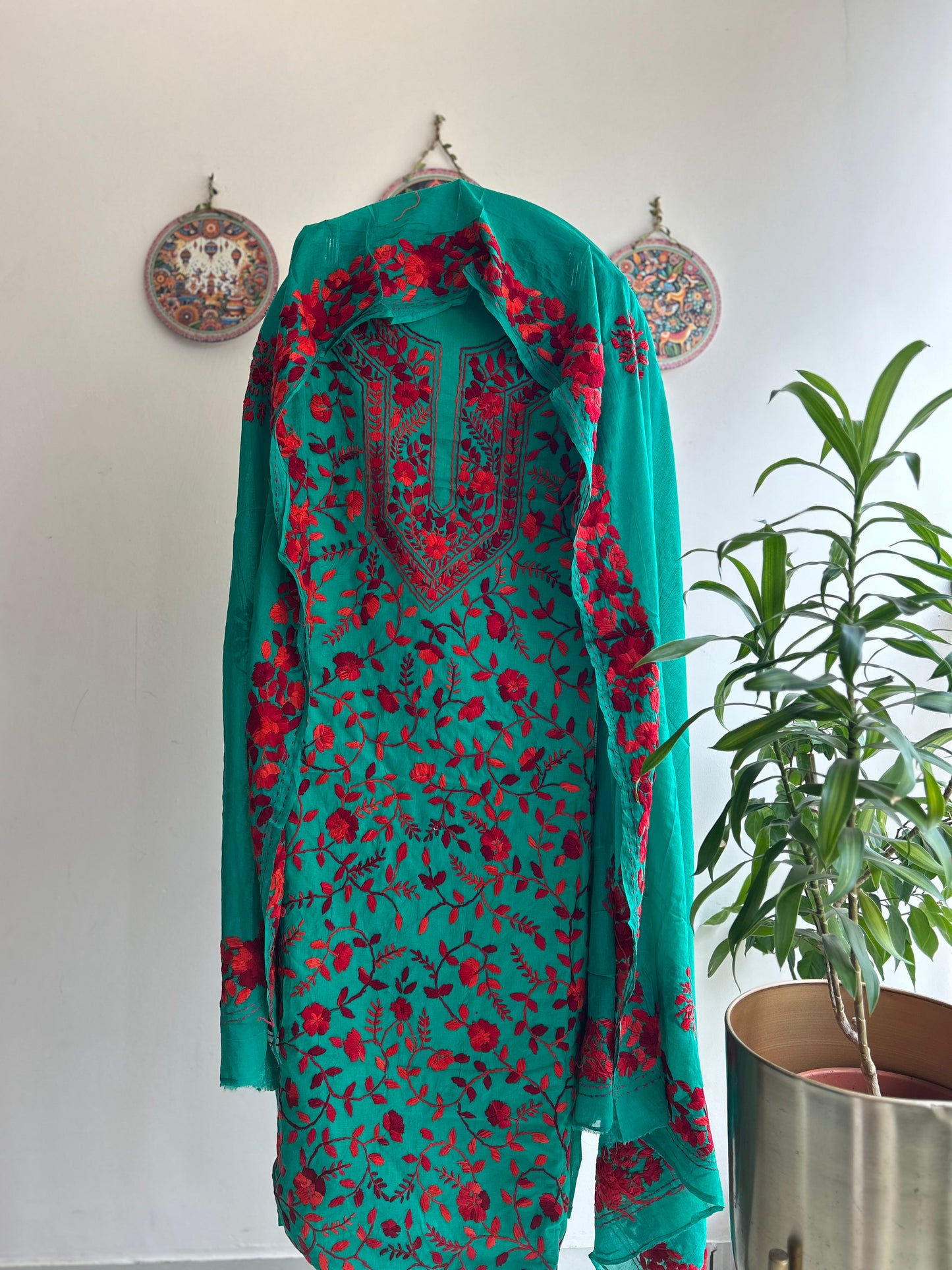 🌼 Bengal Handloom – Phulkari Pure Cotton Embroidered Suit Set-Coloured Base