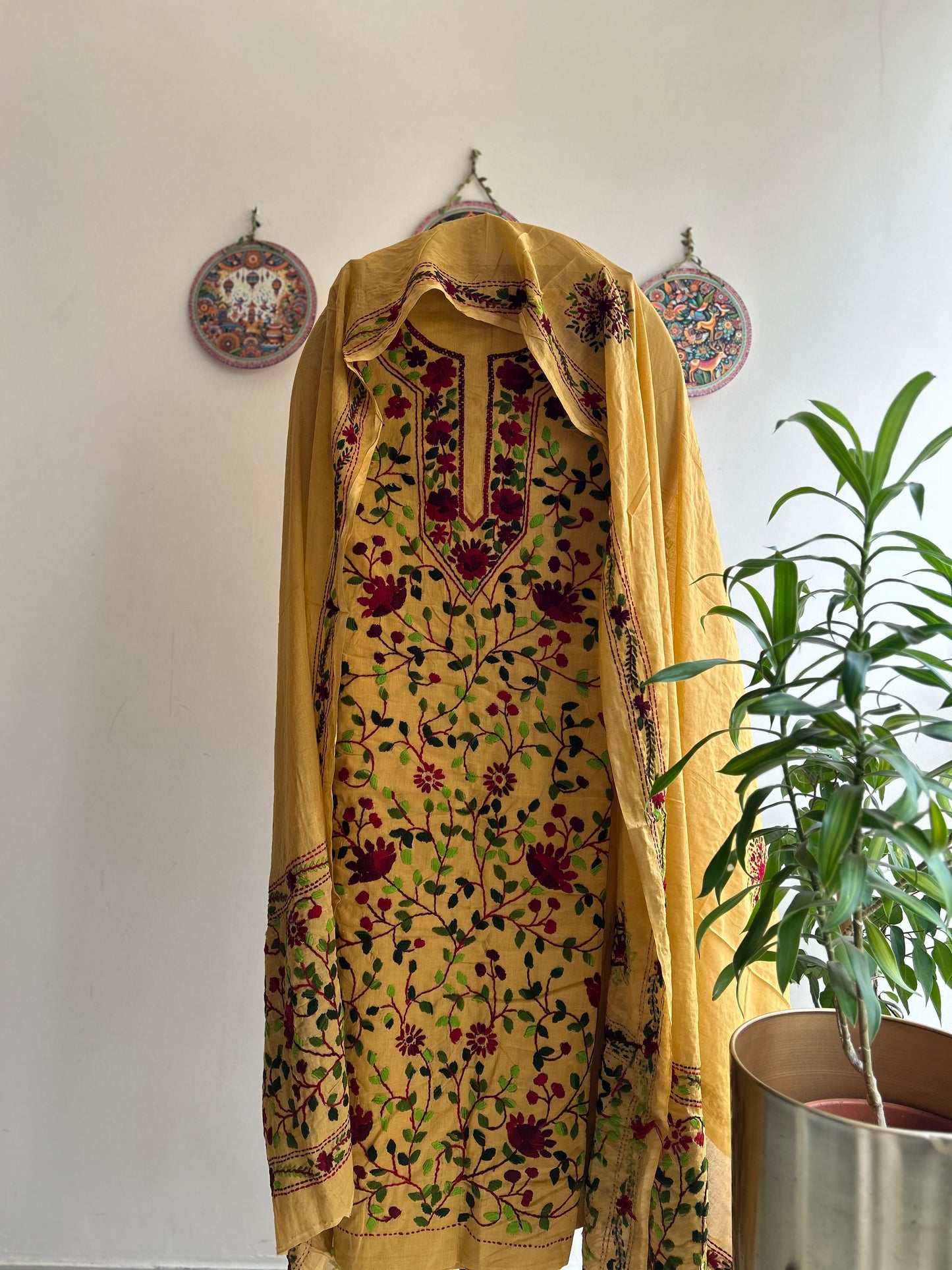 🌼 Bengal Handloom – Phulkari Pure Cotton Embroidered Suit Set-Coloured Base