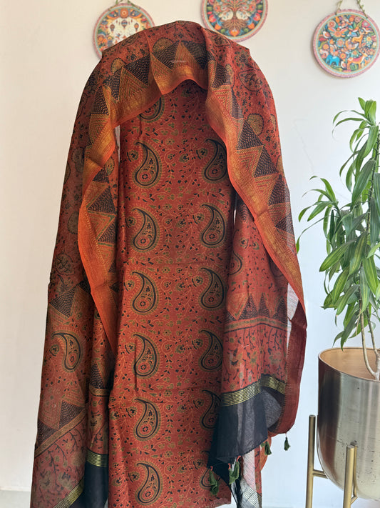 Pure Maheshwari Silk Ajrakh Handblock Printed Suit Set – 2 Piece