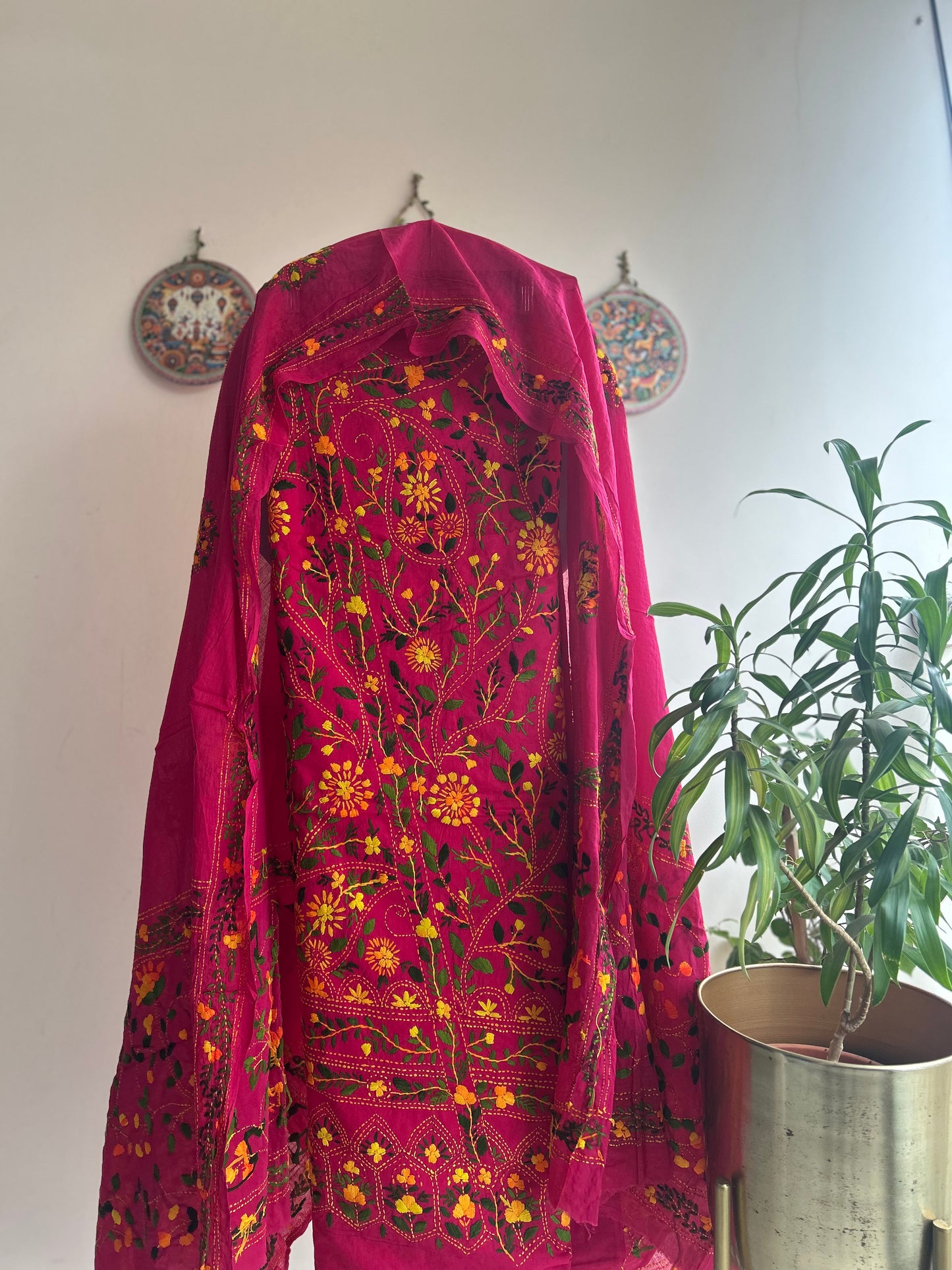 🌼 Bengal Handloom – Phulkari Pure Cotton Embroidered Suit Set-Coloured Base