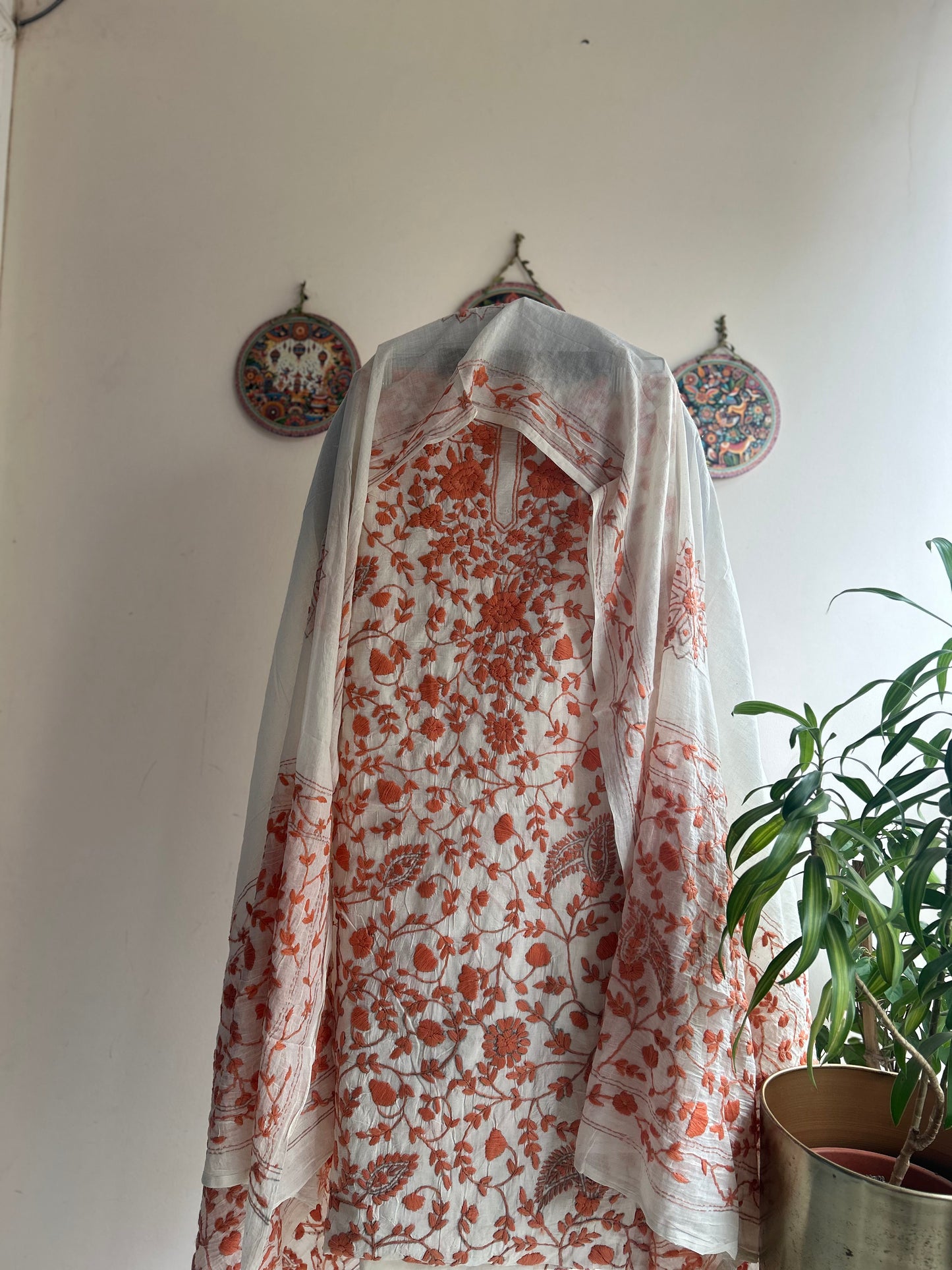 🌼 Bengal Handloom – Phulkari Pure Cotton Embroidered Suit Set-White Base