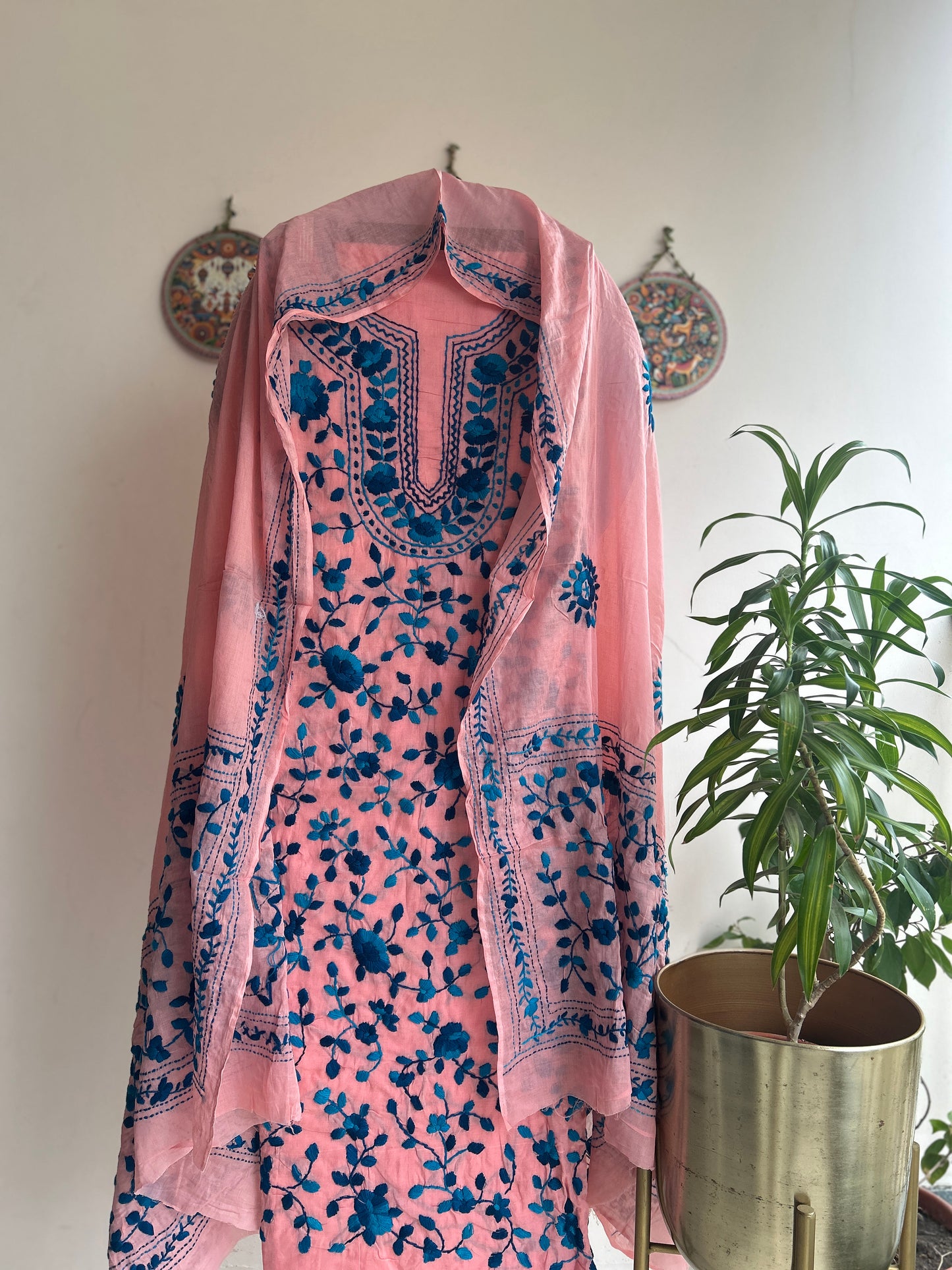 🌼 Bengal Handloom – Phulkari Pure Cotton Embroidered Suit Set-Coloured Base