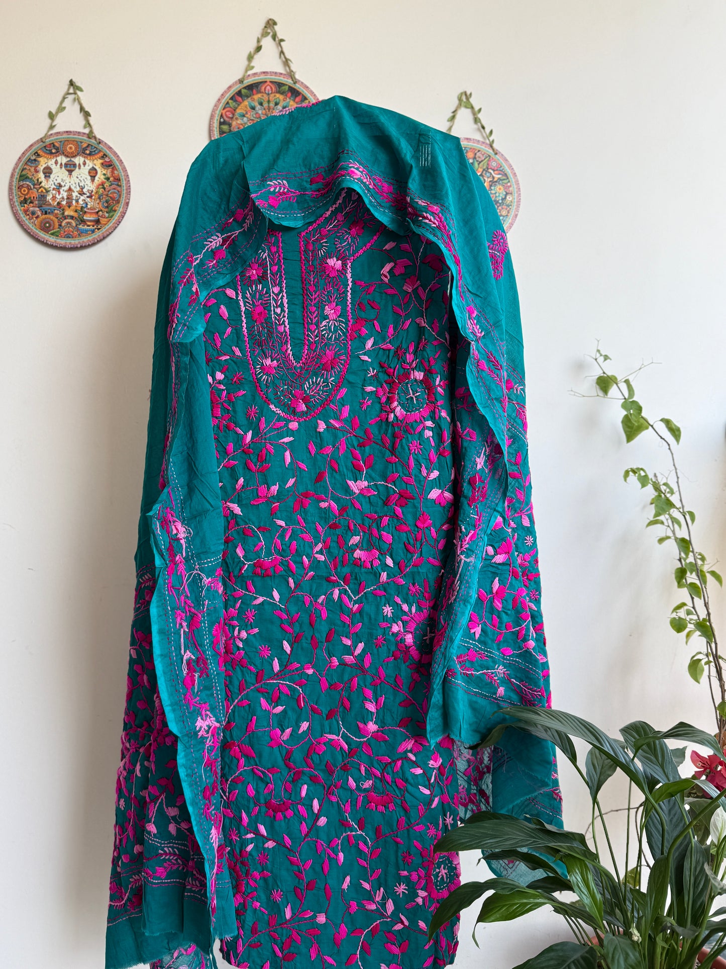 🌼 Bengal Handloom – Phulkari Pure Cotton Embroidered Suit Set-Coloured Base